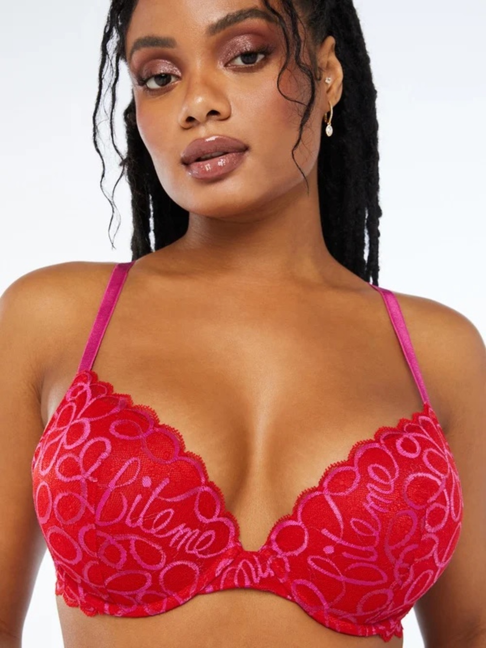 Savage X Fenty Ribbon Writing push-up bra pink & red Size 38DD
